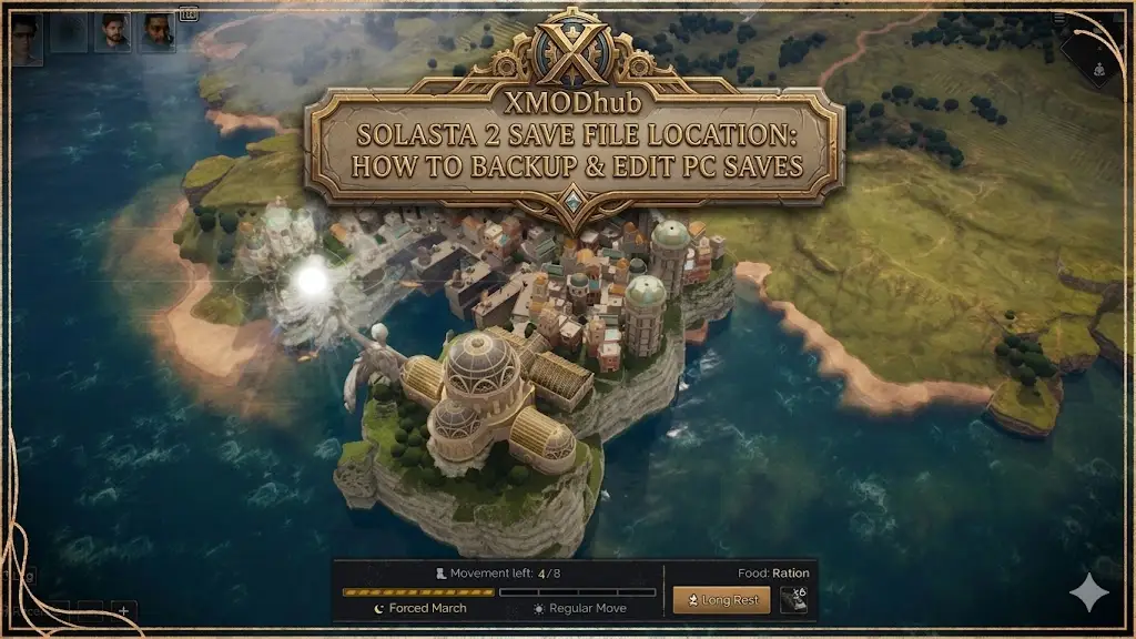 Ключевой арт XMODhub для руководства по Solasta 2 с богато украшенной золотой отделкой и видом на карту, с подробным описанием расположения файлов сохранения на ПК, процесса резервного копирования и редактирования.