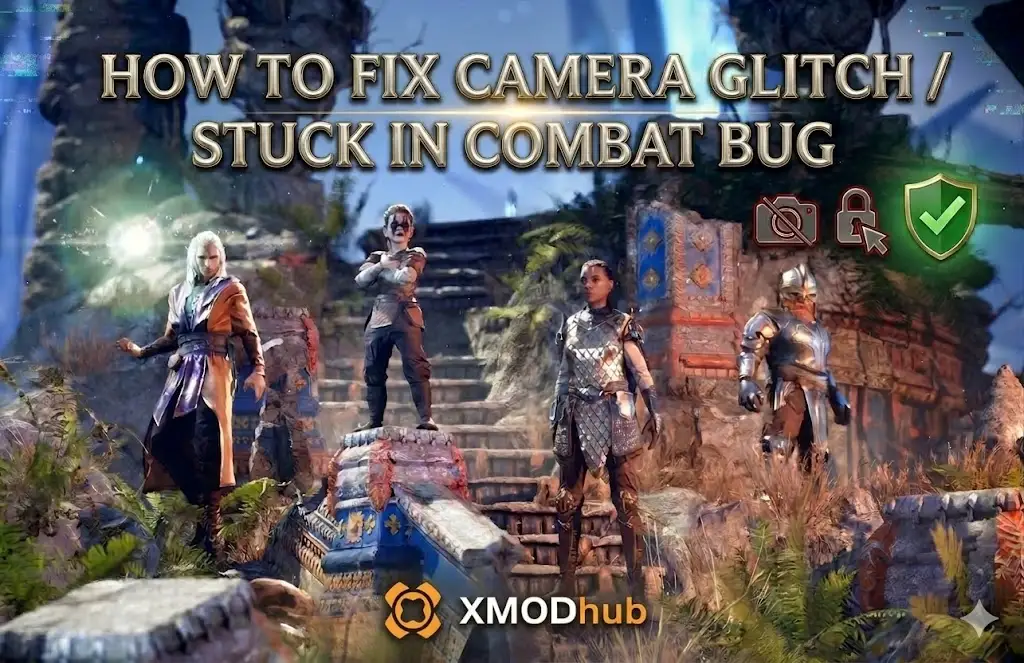Solasta 2 camera glitch and stuck in combat bug fix guide cover with game characters and XMODhub logo.