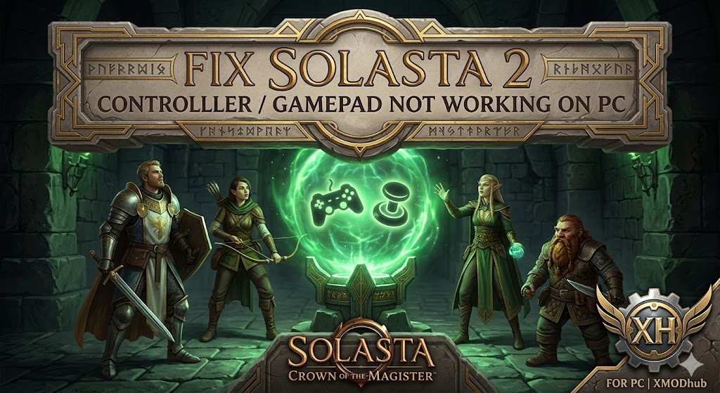 Solasta 2 key art graphic from XMODhub, with the text 'Fix Solasta 2: Controller / Gamepad Not Working on PC' above four fantasy adventurers facing a glowing green orb.
