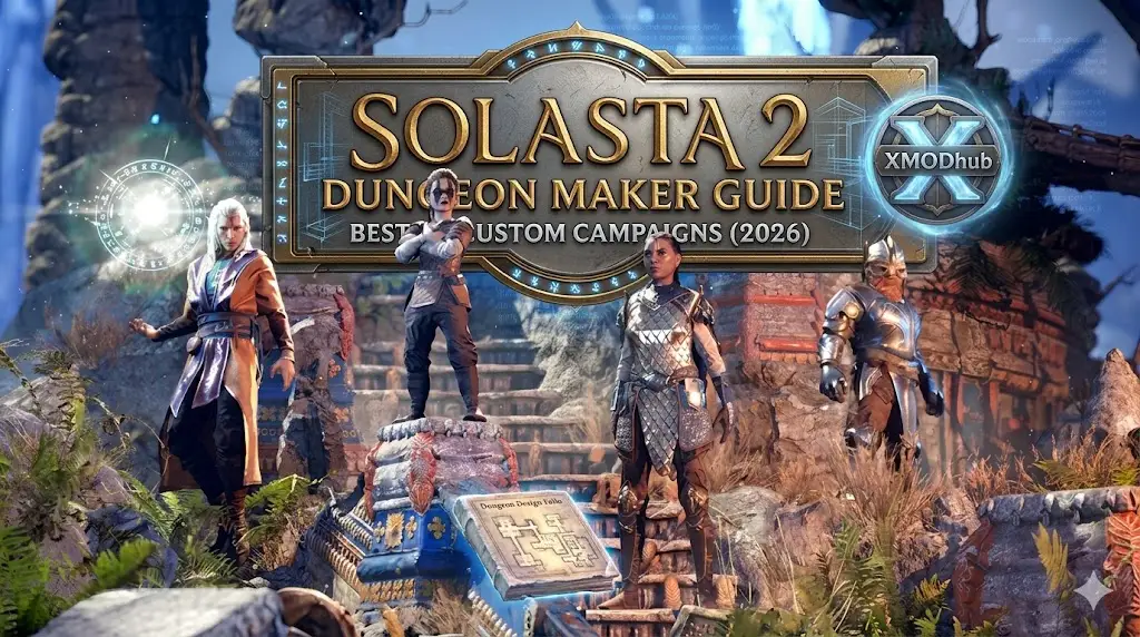 Обложка руководства по Dungeon Maker для Solasta 2 с четырьмя искателями приключений и текстовым наложением о пользовательской кампании.