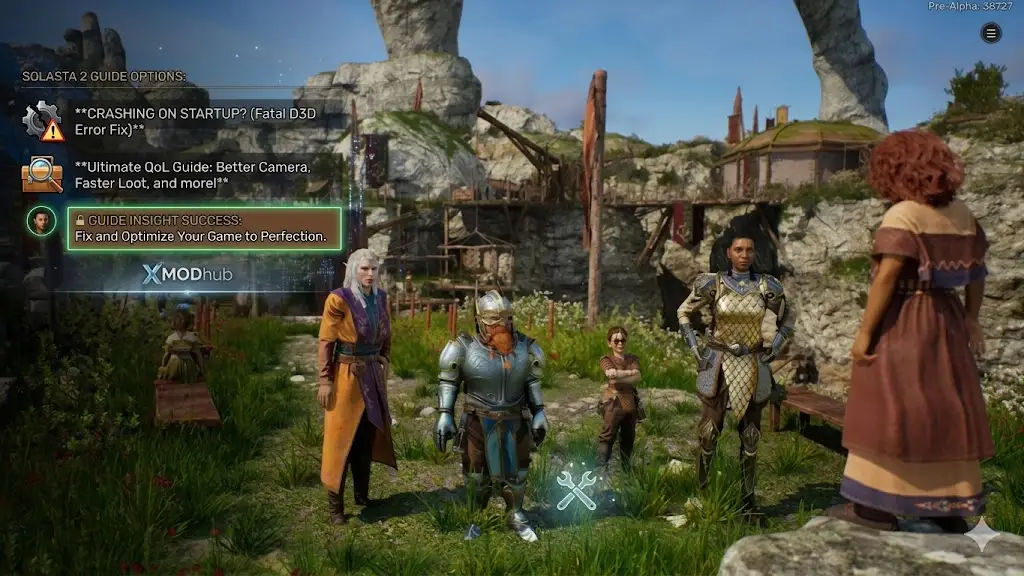 Скриншот игры Solasta 2 с отредактированным меню, в котором перечислены опции исправления вылетов и руководство по улучшению качества жизни (QoL).