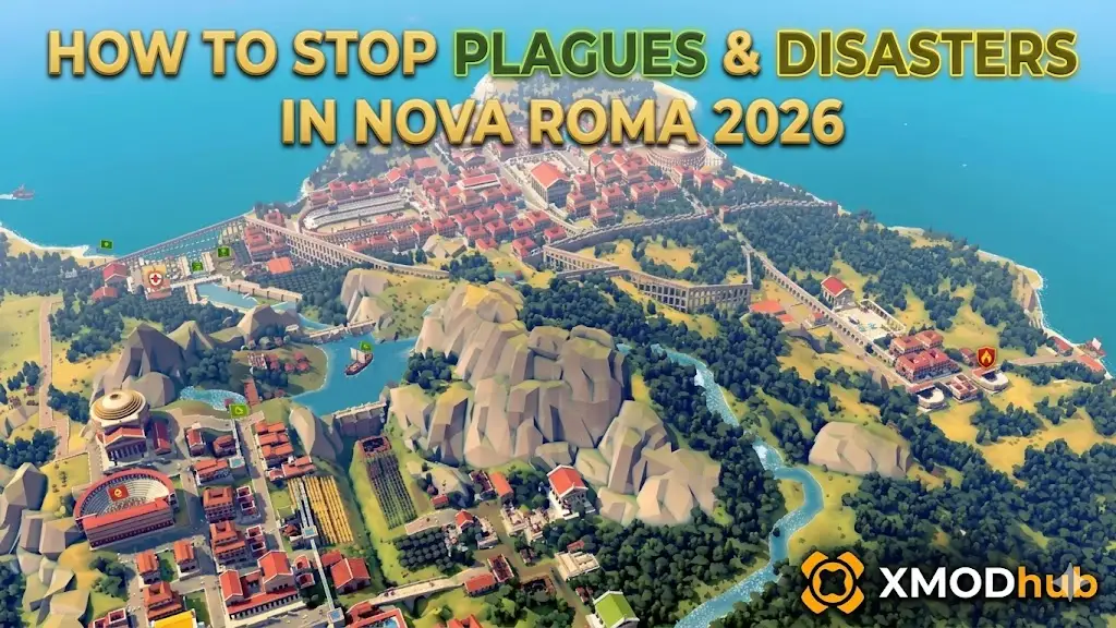 Aerial low-poly Roman city guide header for 'Stop Plagues & Disasters'.
