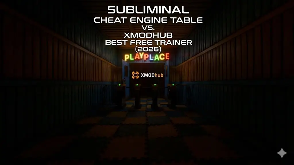 Graphic for Subliminal comparing Cheat Engine Table and XMODhub, featuring a neon "PLAY PLACE" sign and green-lit turnstiles.