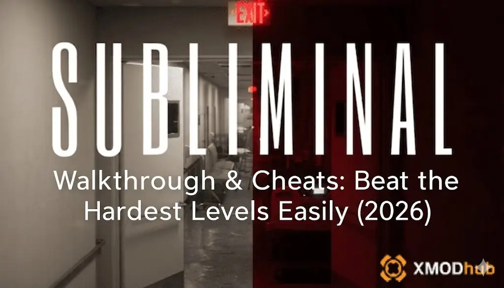 Blog post header for "Subliminal Cheats Guide," featuring title text, sub-header, a split-color office and gurney scene, and the XMODhub logo.