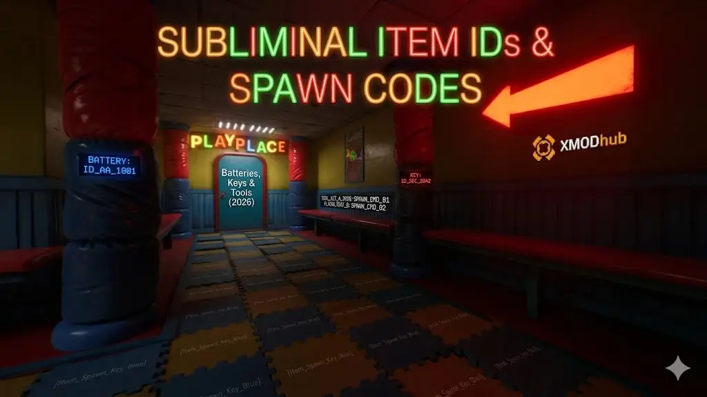 Graphic for Subliminal Item IDs and Spawn Codes by XMODhub, featuring a dimly lit hallway with a neon red arrow and a "PLAYPLACE" sign.