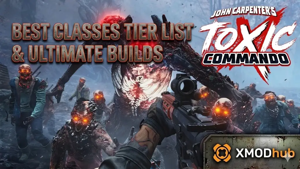 Сцена битвы от первого лица из 'John Carpenter's Toxic Commando' с зомби и огромным монстром, с крупным текстом 'ТИР-ЛИСТ ЛУЧШИХ КЛАССОВ И ИДЕАЛЬНЫЕ СБОРКИ' и логотипом XMODhub.