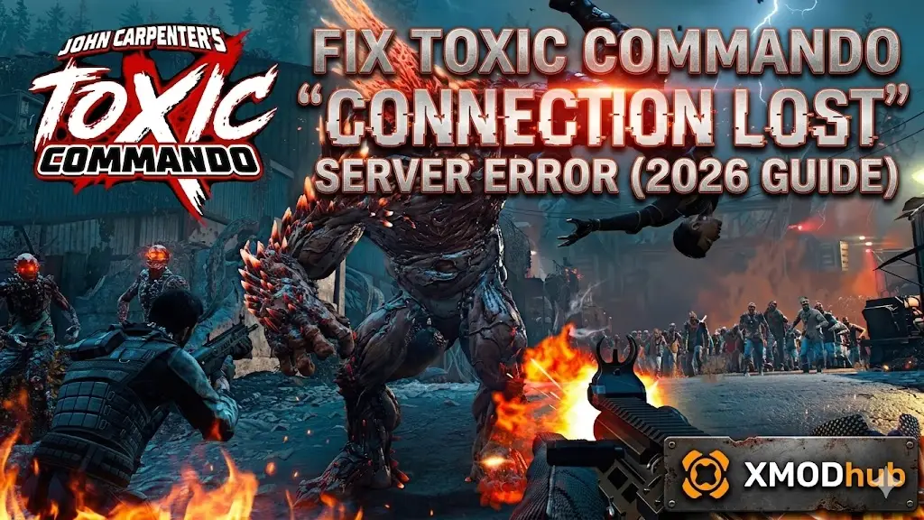 Blog header for fixing Toxic Commando "Connection Lost" server error (2026 guide), featuring an intense FPS battle against a large monster, with XMODhub logo.
