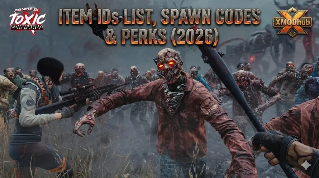 Toxic Commando console commands and cheat codes guide header with XMODhub logo.