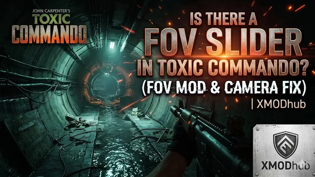 FPS battle in Toxic Commando sewer tunnel with 'FOV Slider?' text and XMODhub logo