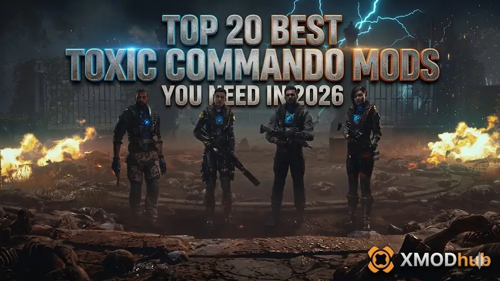 A cinematic guide image for "TOP 20 BEST TOXIC COMMANDO MODS YOU NEED IN 2026" featuring four armored soldiers in a post-apocalyptic battlefield with the XMODhub logo.