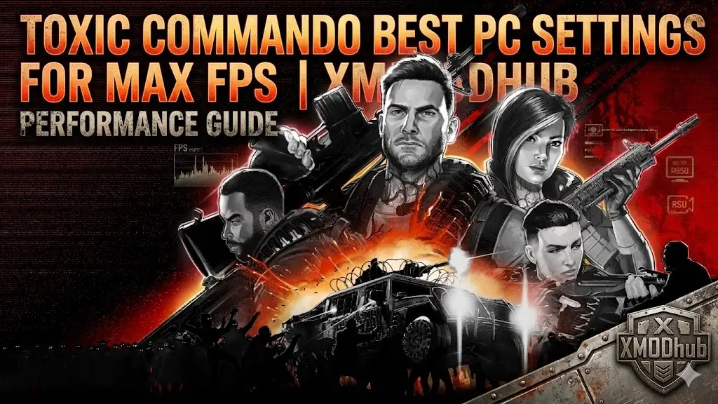 Баннер руководства по производительности для ЛУЧШИХ НАСТРОЕК ПК TOXIC COMMANDO ДЛЯ МАКСИМАЛЬНОГО FPS, с изображением коммандос и логотипом XMODhub.