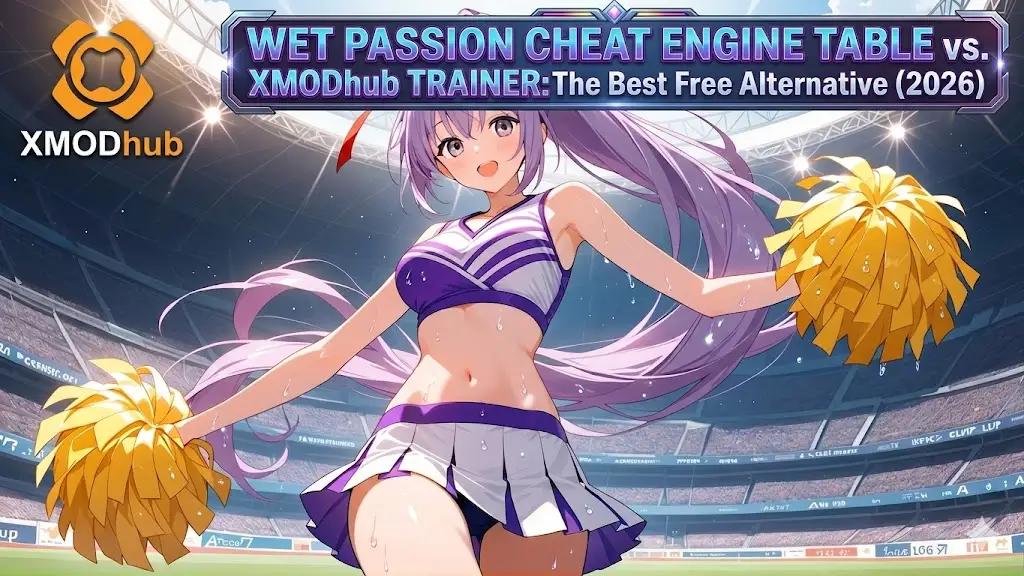 SEO blog header for Wet Passion featuring an anime cheerleader, XMODhub logo, and trainer vs cheat engine table text.