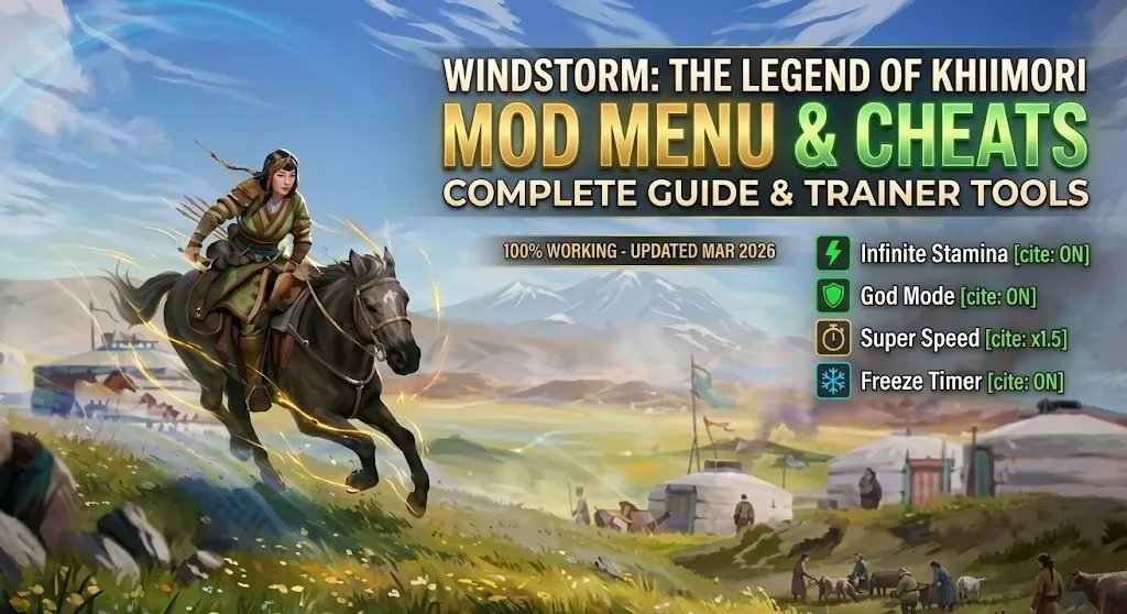 Cover image for Windstorm: The Legend of Khiimori mod menu and cheats, showing activated infinite stamina, god mode, and super speed options.