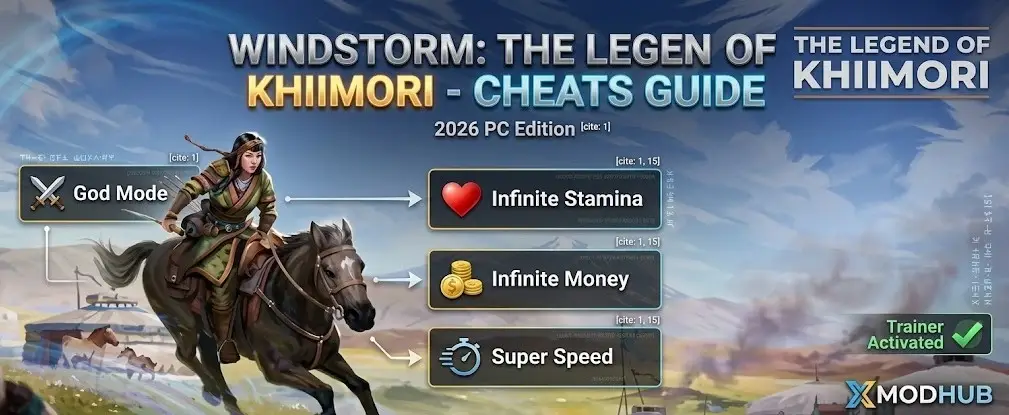 Infographic for Windstorm: The Legend of Khiimori PC cheats, featuring trainer options for infinite stamina, unlimited money, super speed, and god mode on the Mongolian steppe
