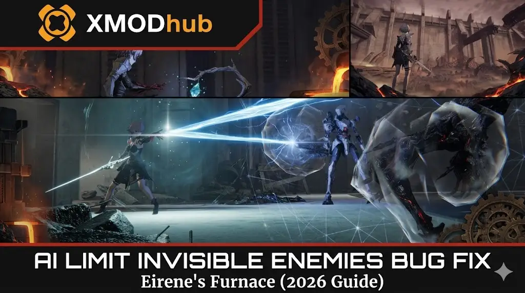 Featured cover image for an AI Limit guide on fixing invisible enemies in Eirene's Furnace, featuring Eirene in battle and the XMODhub logo.