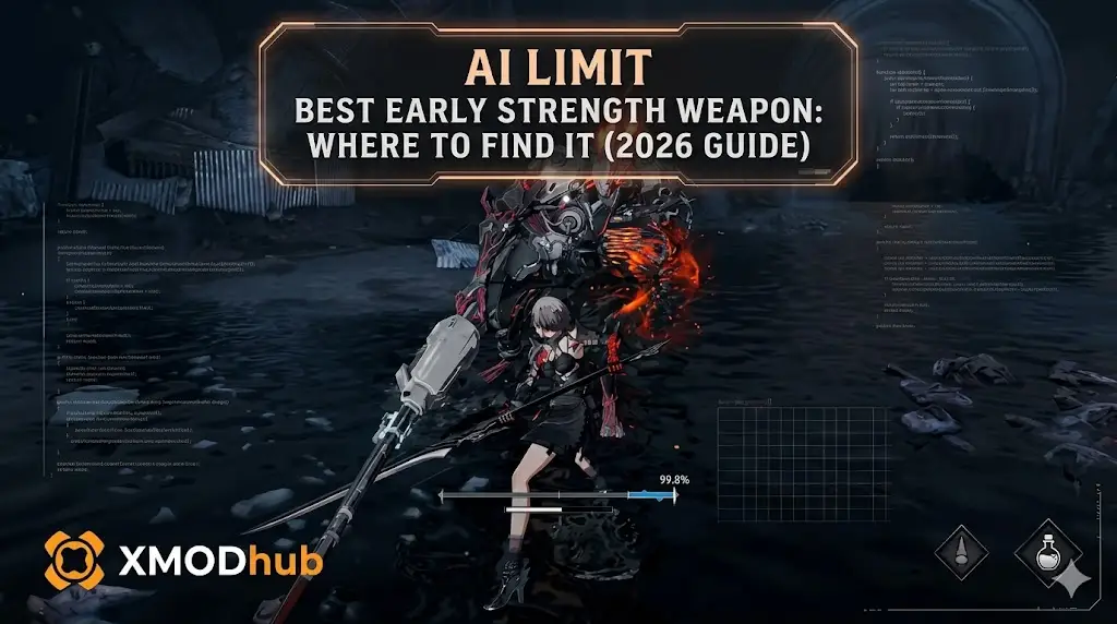 Blog feature image for 'AI Limit Best Early Strength Weapon' guide with XMODhub logo and battle scene.