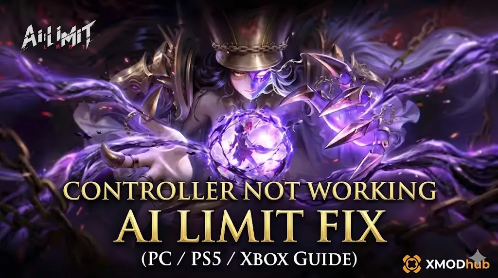 AI LIMIT - Eirene's Furnace of War Controller Fix Guide featuring character and XMODhub logo.