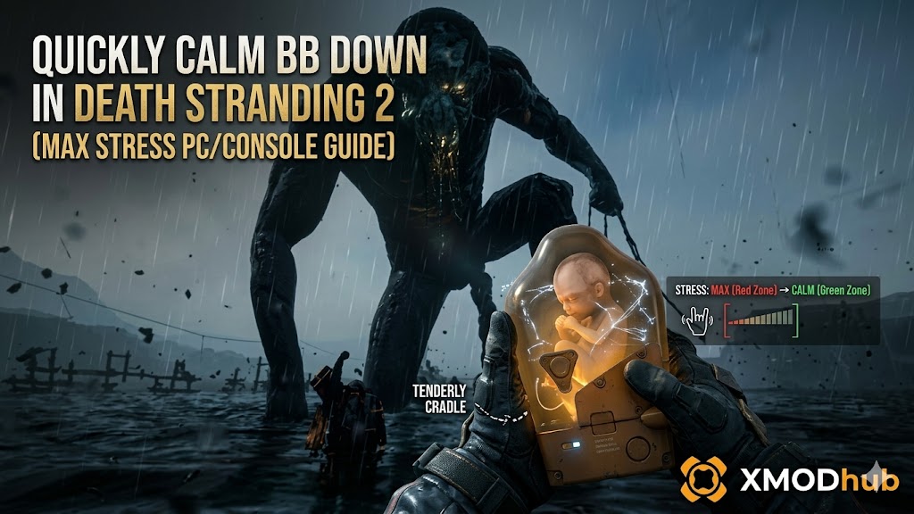 Death Stranding 2 guide header: 'Quickly Calm BB Down'.