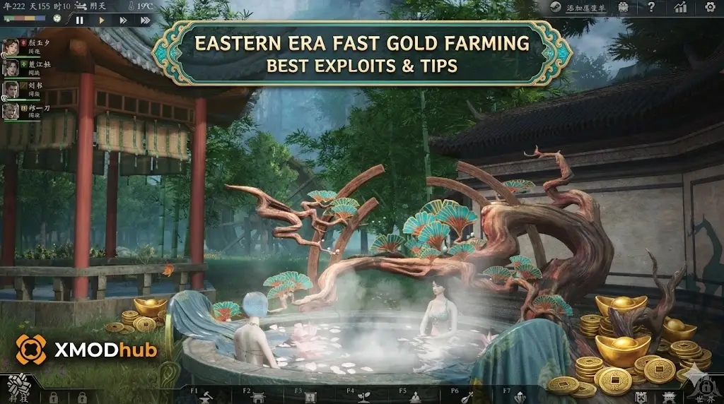 Guide banner by XMODhub showing game characters in a hot spring with gold piles.