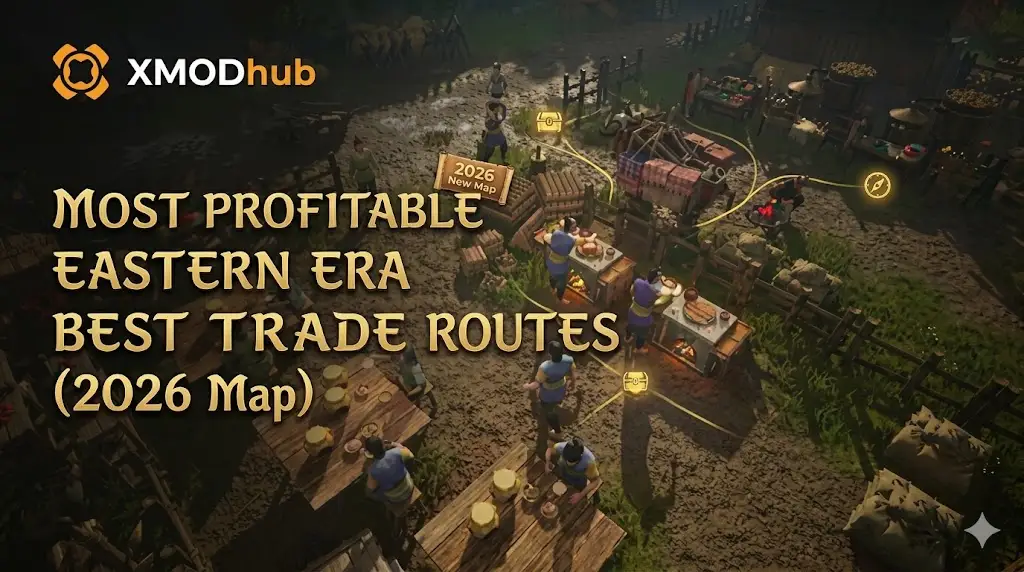 XMODhub SEO header: Eastern Era Profitable Trade Routes 2026 Map guide, with a game marketplace background and gold text. For academic reference.