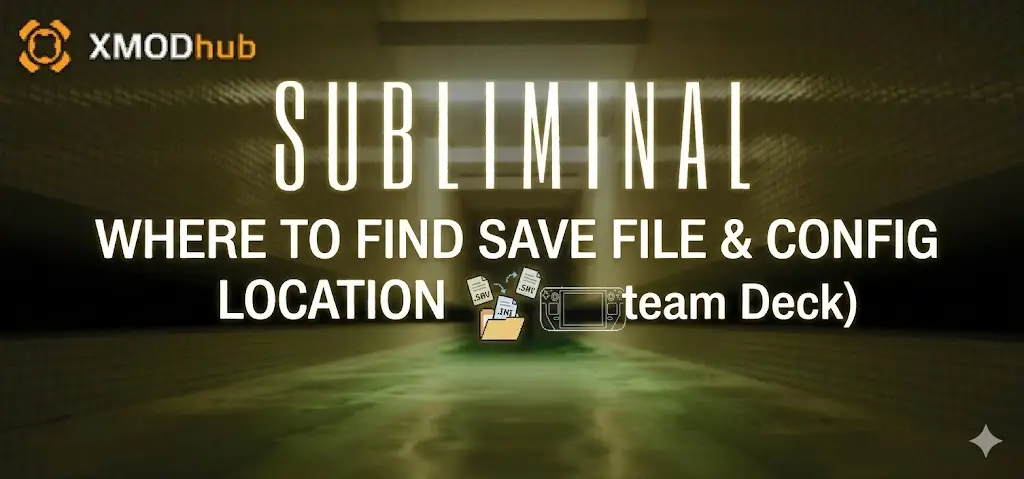 XMODhub guide graphic for finding save files and config locations for the game Subliminal on PC and Steam Deck, featuring folder and device icons.