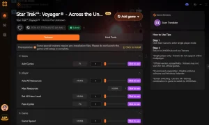 XMODhub trainer interface for Star Trek Voyager Across the Unknown showing resource hack options and hotkeys