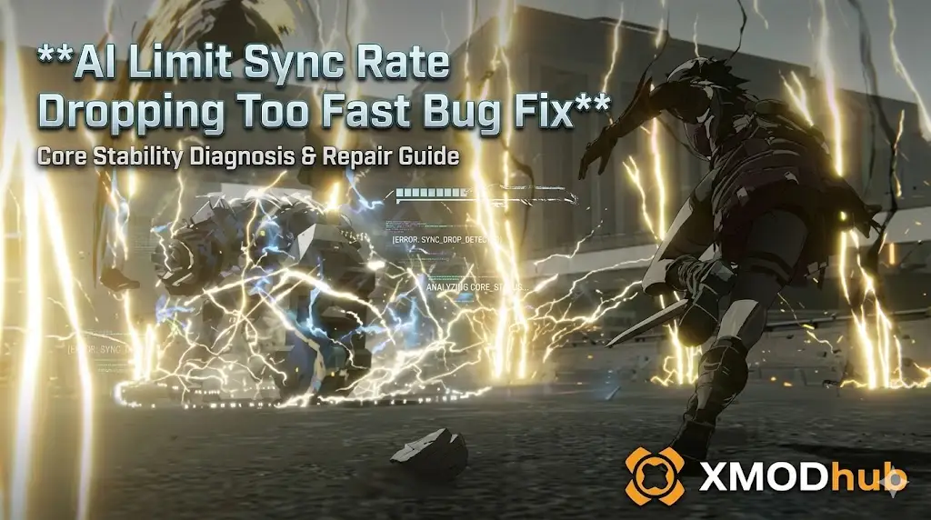 Blog feature image for "AI Limit Sync Rate Dropping Too Fast Bug Fix" by XMODhub, showing a player character looking at an overcharged core with lightning, including logos and titles.