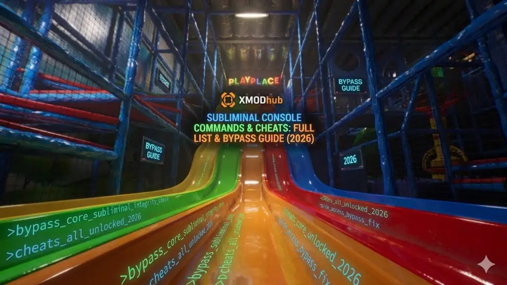 Low-angle view of colorful playplace slides with neon text overlays for "Console Commands & Cheats: Full List & Bypass Guide (2026)" and an XMODhub logo.