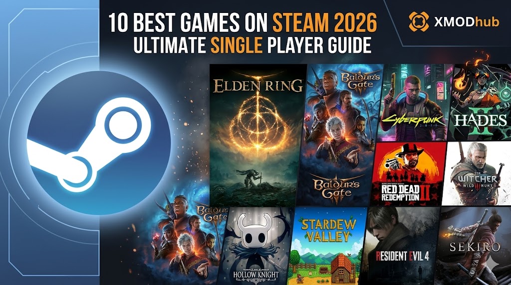A professional blog header featuring the Steam logo, XMODhub branding, and a collage of top titles like Elden Ring and Cyberpunk 2077 for a 2026 single-player guide.