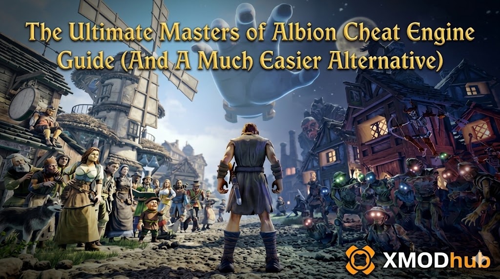 A Masters of Albion guide banner featuring a hero facing a divided town with monsters, a giant hand, and the XMODhub logo.
