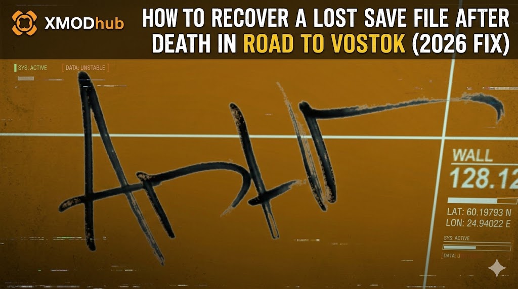 A Road to Vostok blog header showing a guide title above a corrupted tactical interface with coordinates, 'WALL 128.12', and a hand-drawn signature. The XMODhub logo is present.