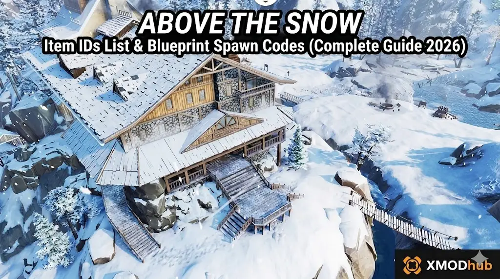Aerial view of a snow-covered mountain resort featuring the Above The Snow guide title and XMODhub logo.