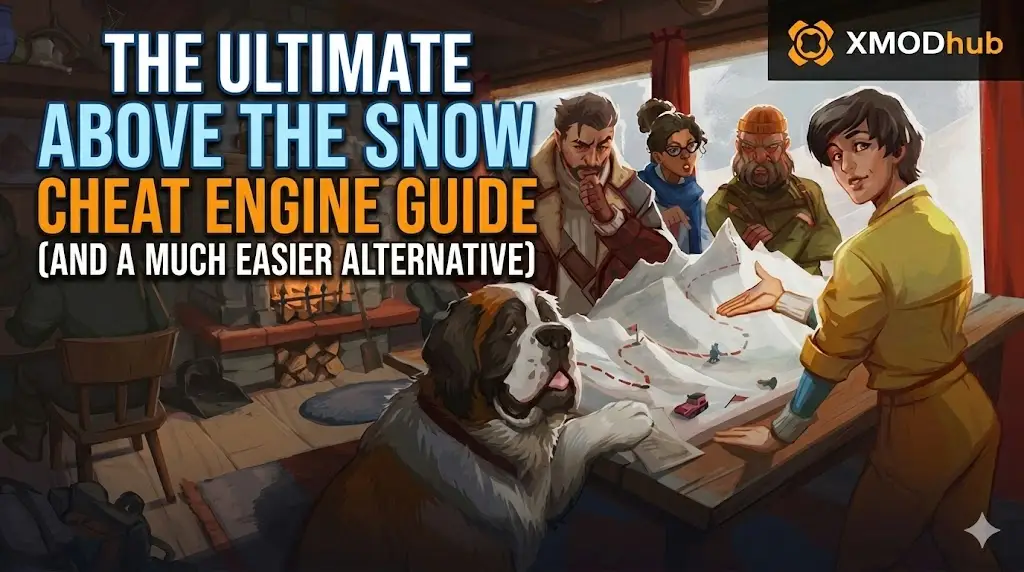Characters in a cozy cabin study a mountain map alongside a large dog, featuring the Above The Snow guide title and the XMODhub logo.