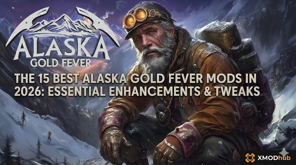 Header image featuring a weathered miner in a snowy landscape with the Alaska Gold Fever logo and the title for the 2026 best mods guide.