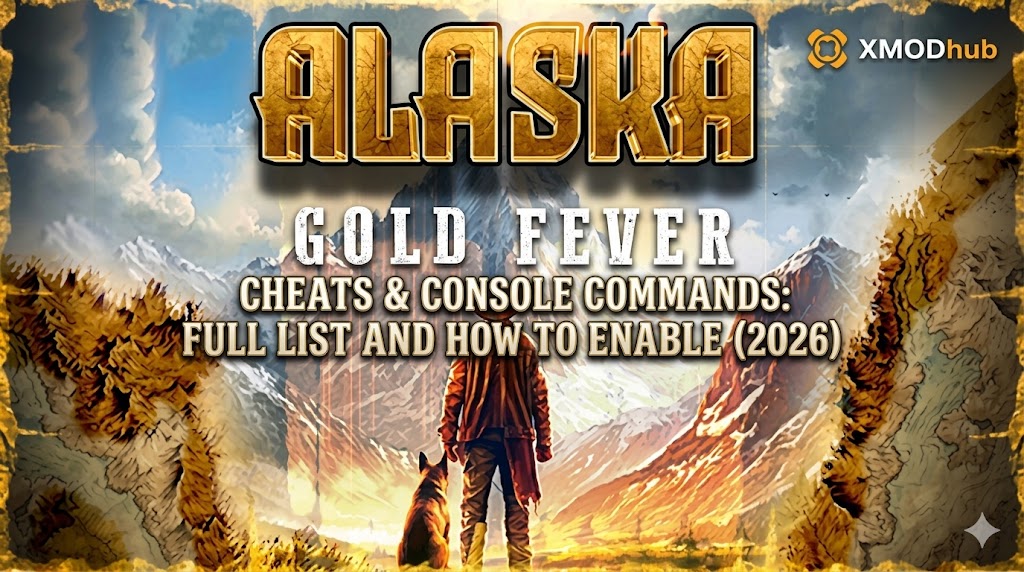 Старатель и его собака смотрят на обширный горный пейзаж через естественную раму, с названием игры «ALASKA GOLD FEVER», подзаголовком руководства по читам и логотипом XMODhub.