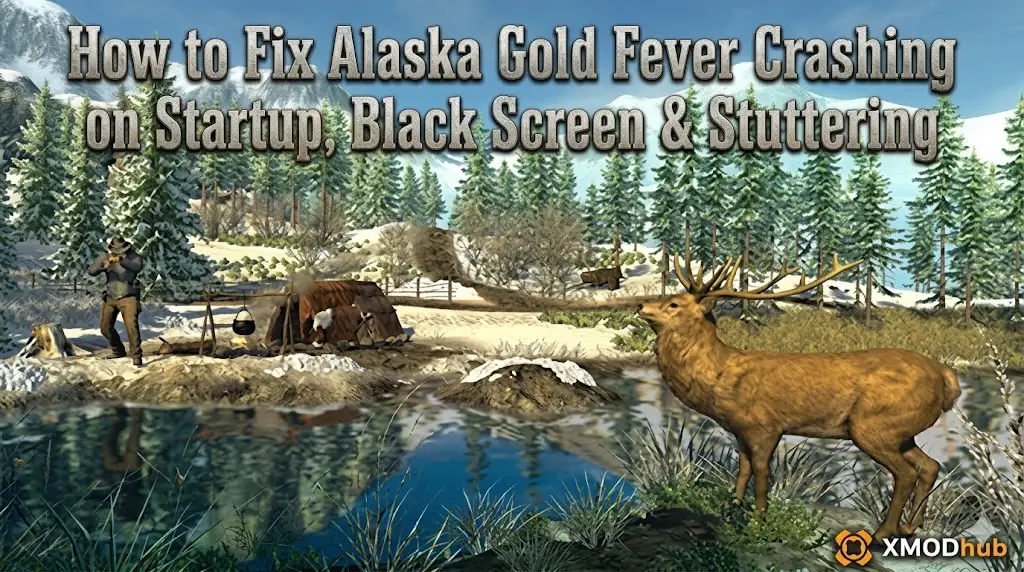 Изображение заголовка статьи в блоге с текстом названия вверху и элементами игры внизу, включая карибу и охотника в заснеженном ландшафте Аляски с логотипом XMODhub.