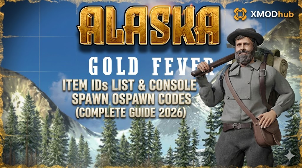 A gold prospector in front of mountains with the "ALASKA GOLD FEVER" game title and an "ITEM IDs LIST" subtitle and XMODhub logo.