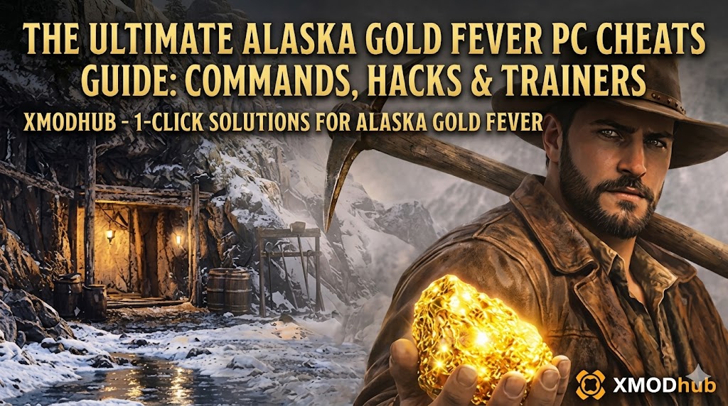 A man carrying a bag of gold while being chased by wolves in a snowy forest, featuring the Alaska Gold Fever Cheat Engine guide title and XMODhub logo.