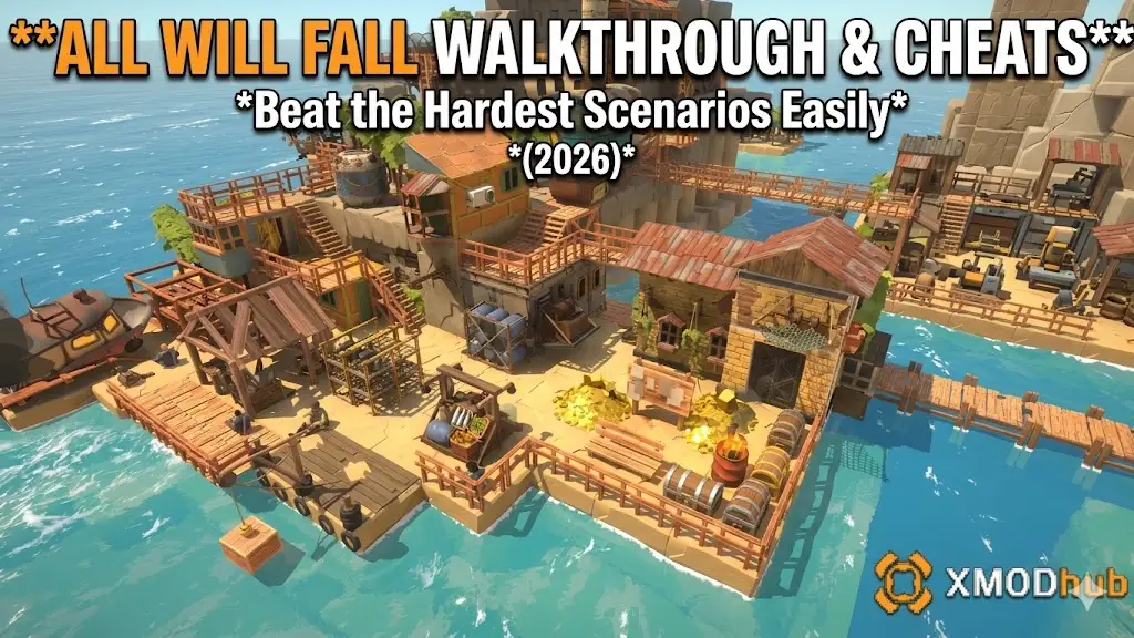 All Will Fall Walkthrough and Cheats 2026 banner with game base scene and XMODhub logo.