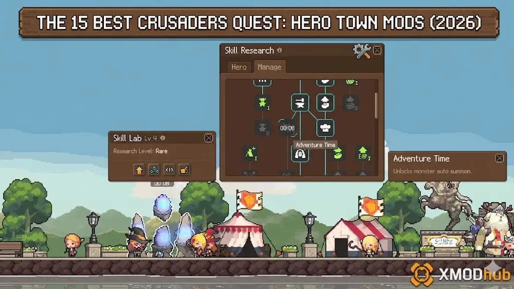 Crusaders Quest best mods 2026 blog with XMODhub logo.