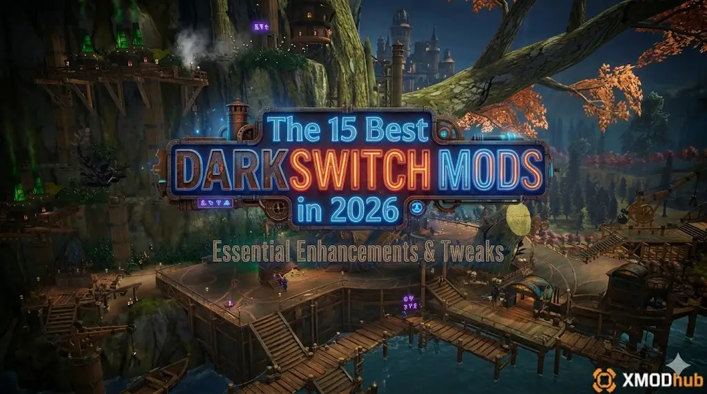 Blog cover for the 15 best DarkSwitch mods featuring a fantasy cliffside village.