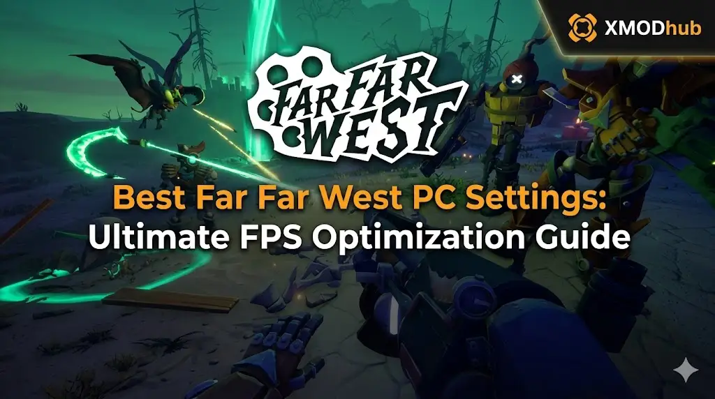 A blog header image for Far Far West showing first-person gameplay in a dark desert with an overlaid guide for PC settings optimization.