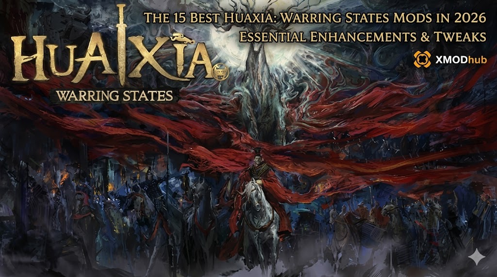 A blog post header image for a guide to the 15 best Huaxia: Warring States mods in 2026, showing an ink-wash art composition of a warrior on a white horse, a giant deer, and golden guide text with XMODhub branding.