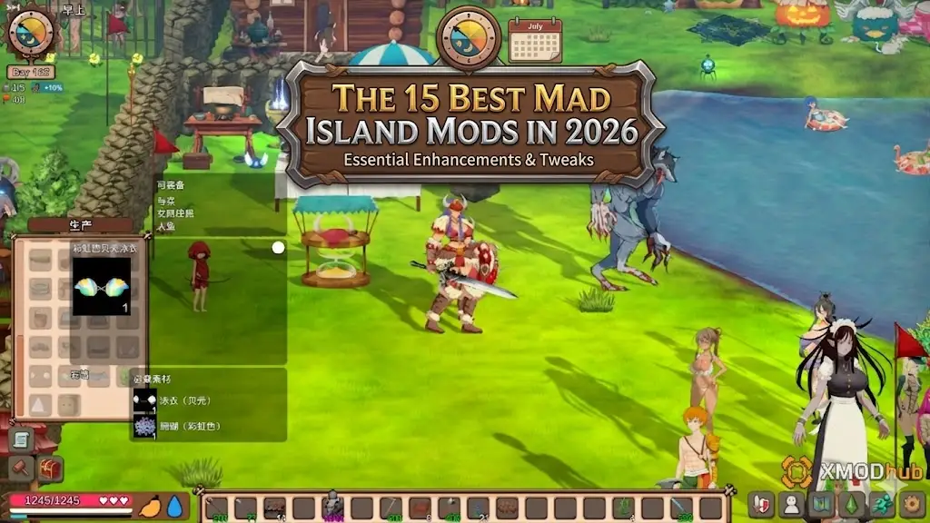 Mad Island game screenshot with "Best Mods in 2026" banner and XMODhub logo.
