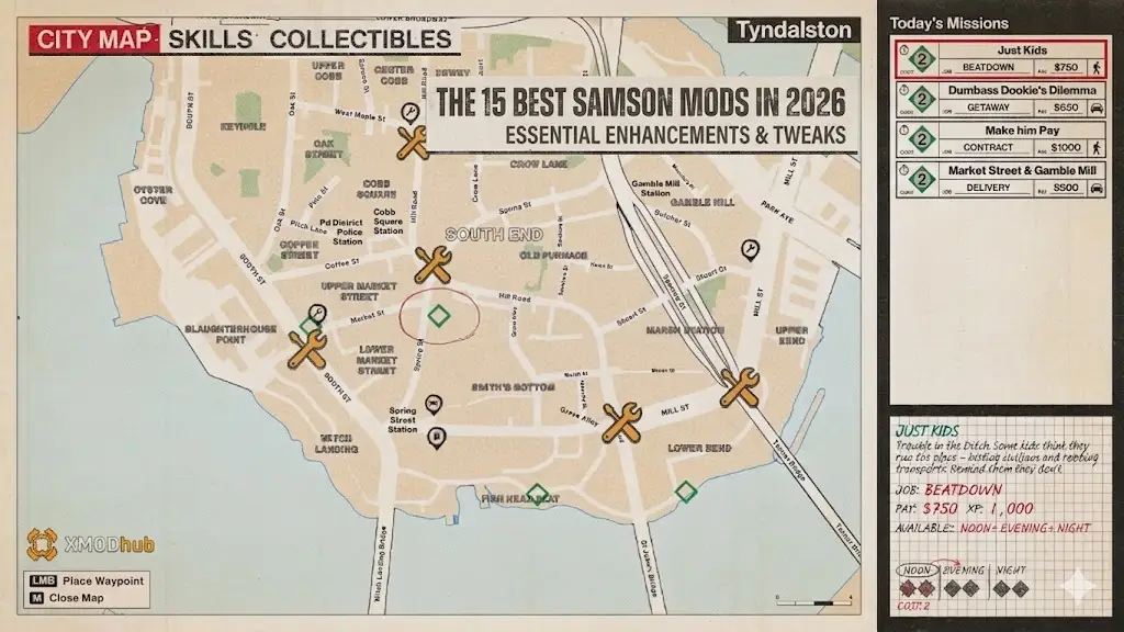 Game map image of Tyndalston featuring the blog post title "The 15 Best Samson Mods in 2026" and XMODhub logo.