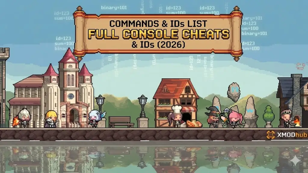 A pixel art guide header image for Crusaders Quest: Hero Town, featuring a central scroll banner detailing console commands, cheats, and IDs.