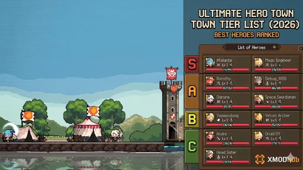 A pixel art blog header for the Ultimate Crusaders Quest: Hero Town Tier List (2026), featuring ranked heroes with the XMODhub logo.