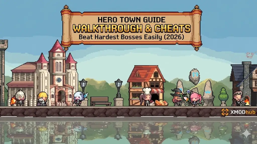 Crusaders Quest Hero Town Walkthrough & Cheats Guide banner image in pixel art style with XMODhub logo.