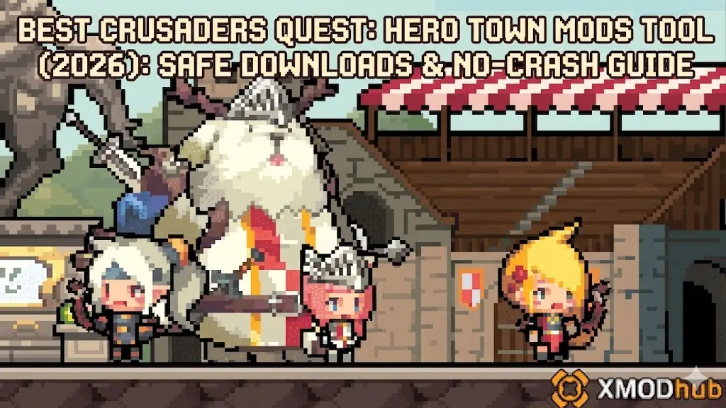Blog banner for "Best Crusaders Quest Mods 2026" featuring pixel characters and XMODhub logo.