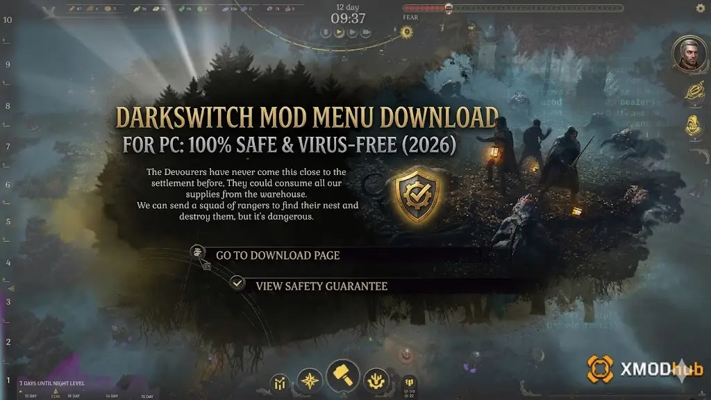 Blog header for "DarkSwitch Mod Menu PC Download", showing a fantasy game screenshot with download buttons and XMODhub watermark.